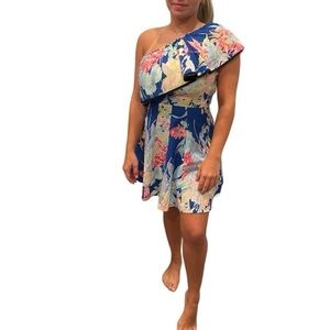 Yumi Kim Blue Floral One Shoulder Mini Dress.Size S